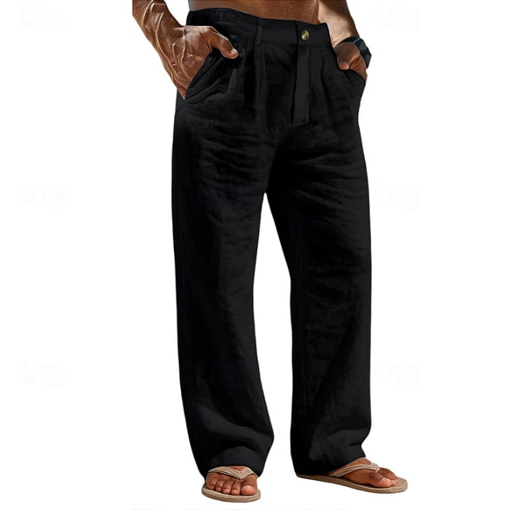 Pantalones de algodón y lino de ajuste relajado para hombre en color negro, con diseño de ajuste holgado y parte delantera plisada