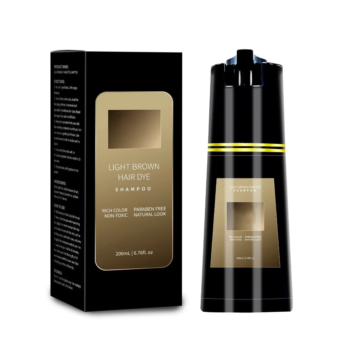 Dark brown hair dye shampoo 200ml moisturizing formula in a black bottle with gold accents and a matching black box.
