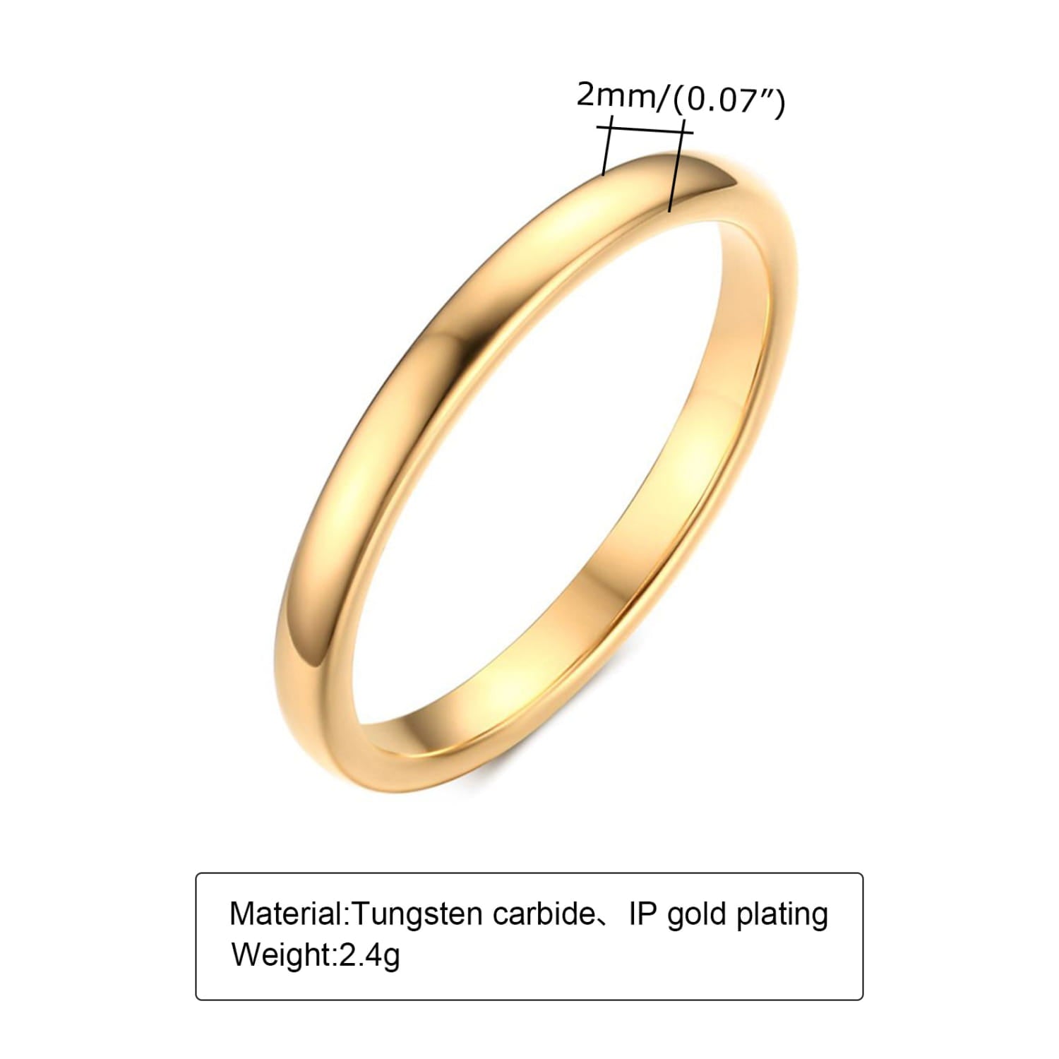 A sleek 2mm-wide gold-plated polished tungsten carbide ring designed as a couple wedding band.