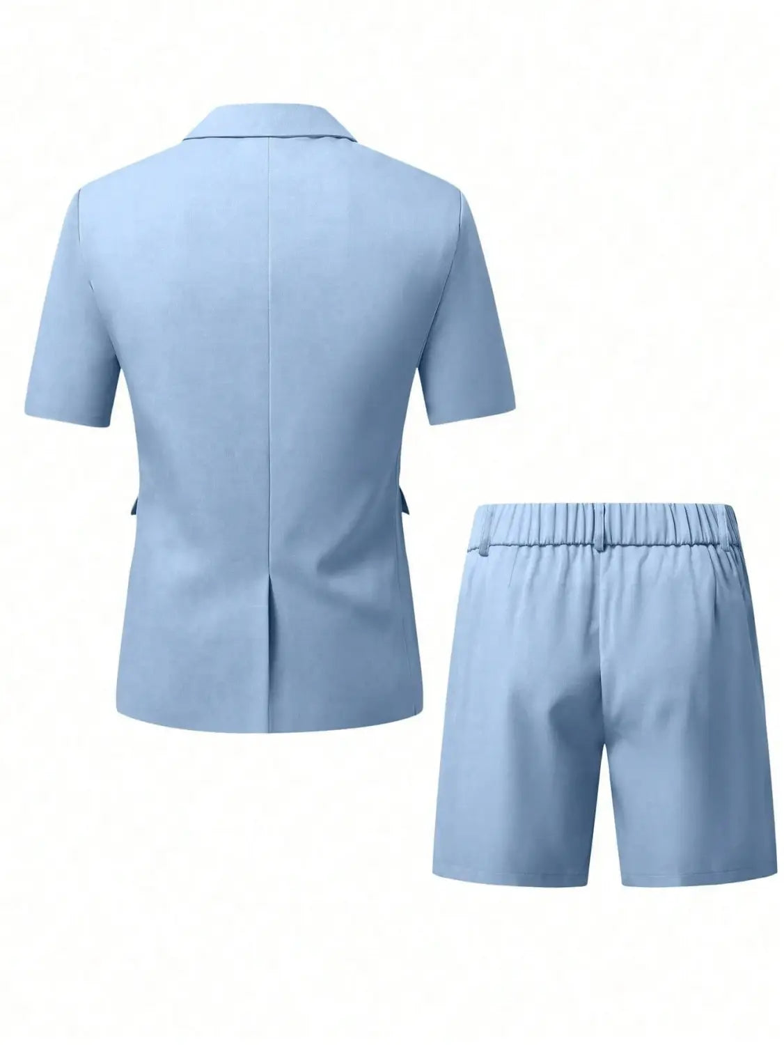 light blue short sleeve suit and shorts set made of lightweight fabric featuring a tailored blazer and matching shorts perfect for casual or semi-formal wear