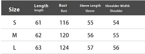 Die Tabelle zeigt Größenmessungen für eine wattierte, gefütterte Pufferjacke mit Kapuze, einschließlich Länge, Brustweite, Ärmellänge und Schulterbreite über die Größen s, m und l.
