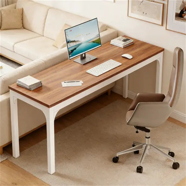 White computer desk with minimalist warm wood-grain top and sleek white frame designed for modern office use