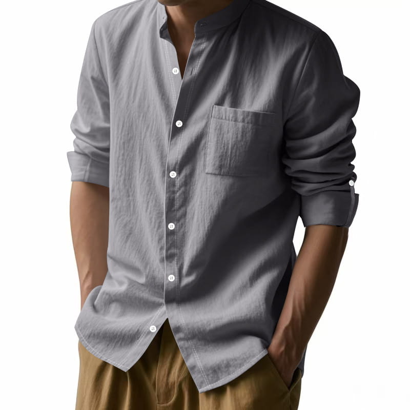 Men’s casual linen stand collar long sleeve shirt in gray with chest pocket and rolled sleeves made of breathable linen fabric.