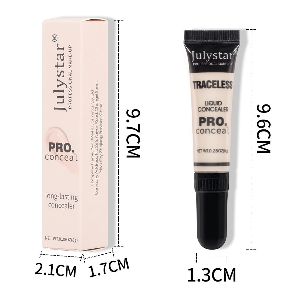 Image of the back side of Julystar pro tattoo concealer traceless pro liquid makeup bottle showcasing product details.