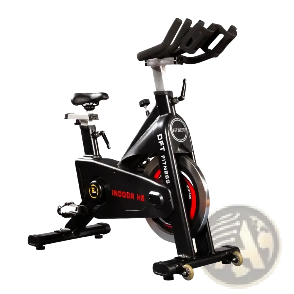 Black dft fitness indoor spinning exercise bike with red accents and sleek modern design for home workouts