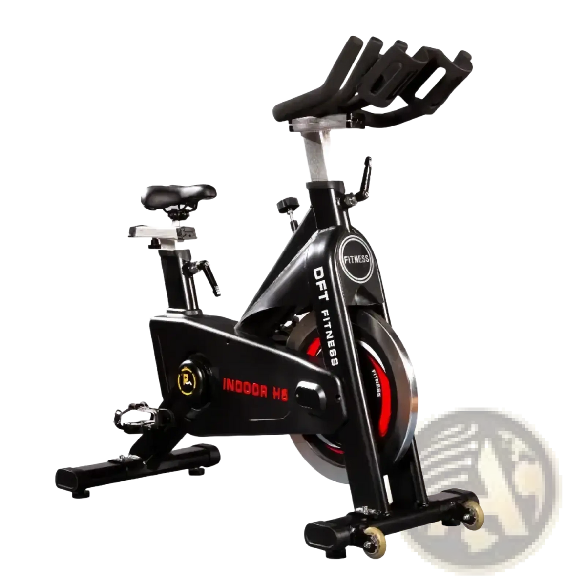 Black dft fitness indoor spinning exercise bike with red accents and sleek modern design for home workouts