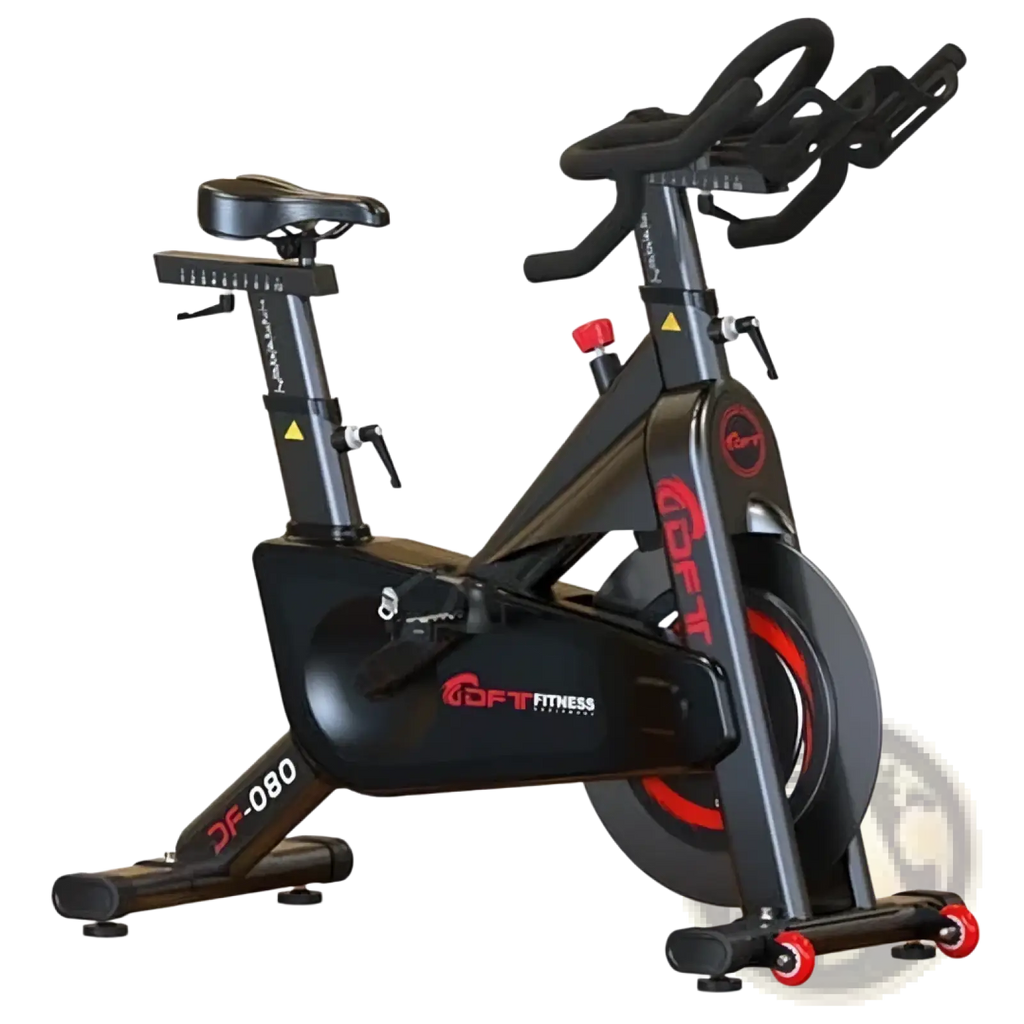 Black and red Dft Fitness indoor spinning exercise bike df-080 with sleek modern design for stationary workouts