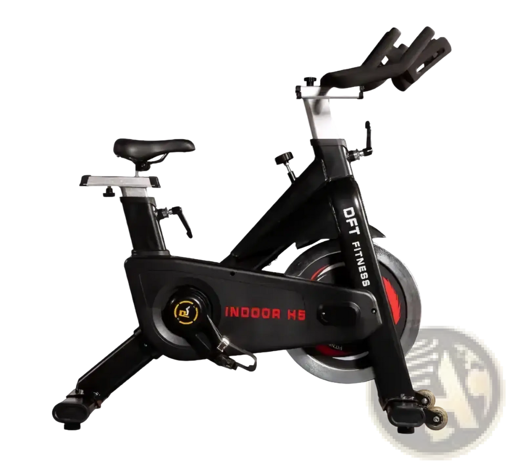 Dft fitness indoor spinning exercise bike in black and red with sleek modern design and det fitness branding on frame
