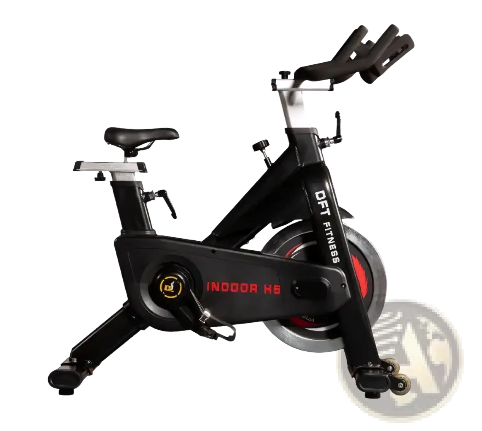 Dft fitness indoor spinning exercise bike in black and red with sleek modern design and det fitness branding on frame