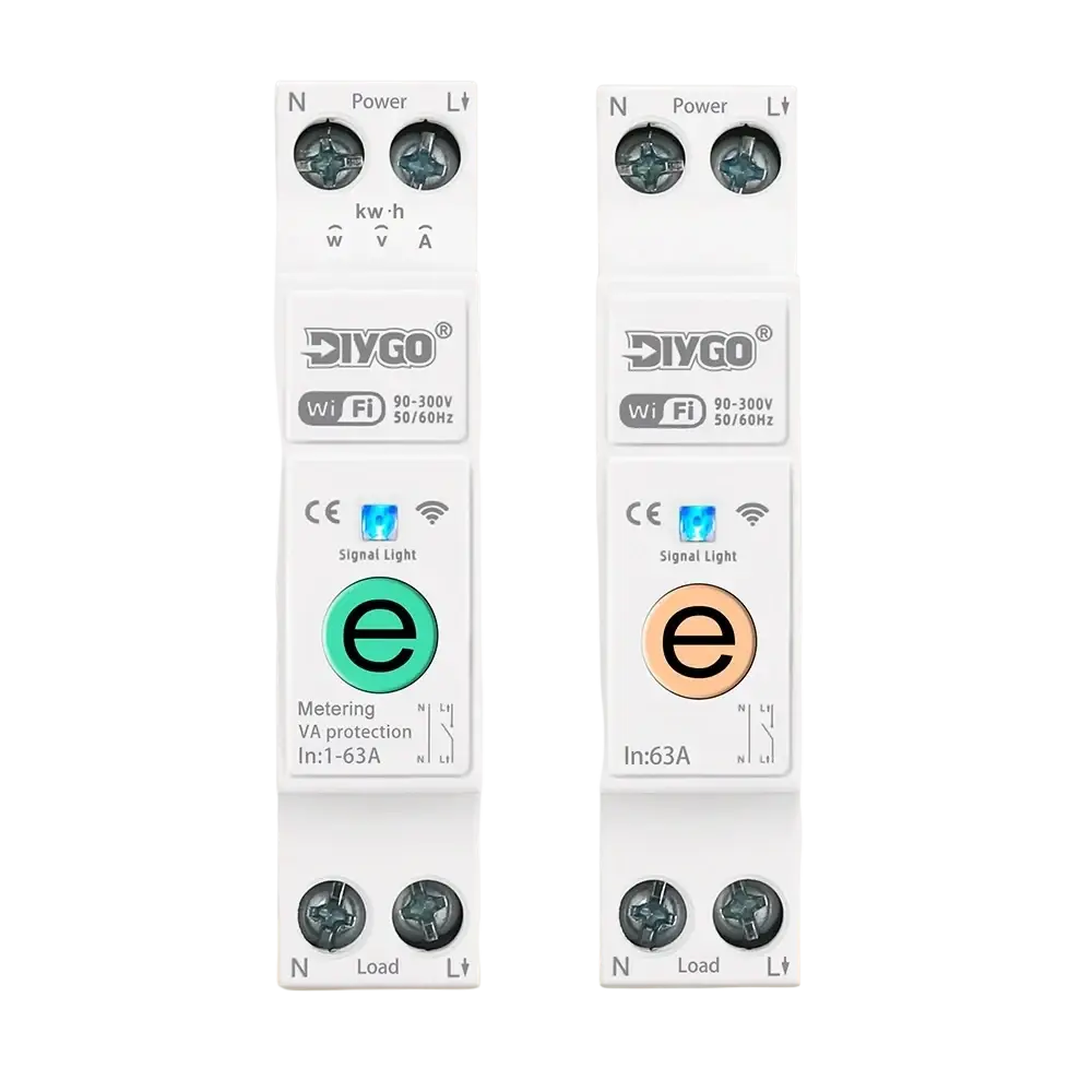 White dgb-63e wifi smart circuit breaker live line energy meter with green and orange circular indicators for time control relay