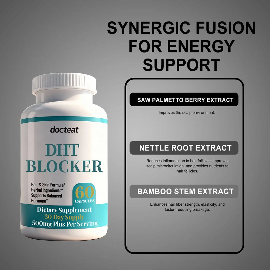 White plastic bottle with teal and black labeling of docteat dht blocker hair growth capsules 30-day supply 60 softgels