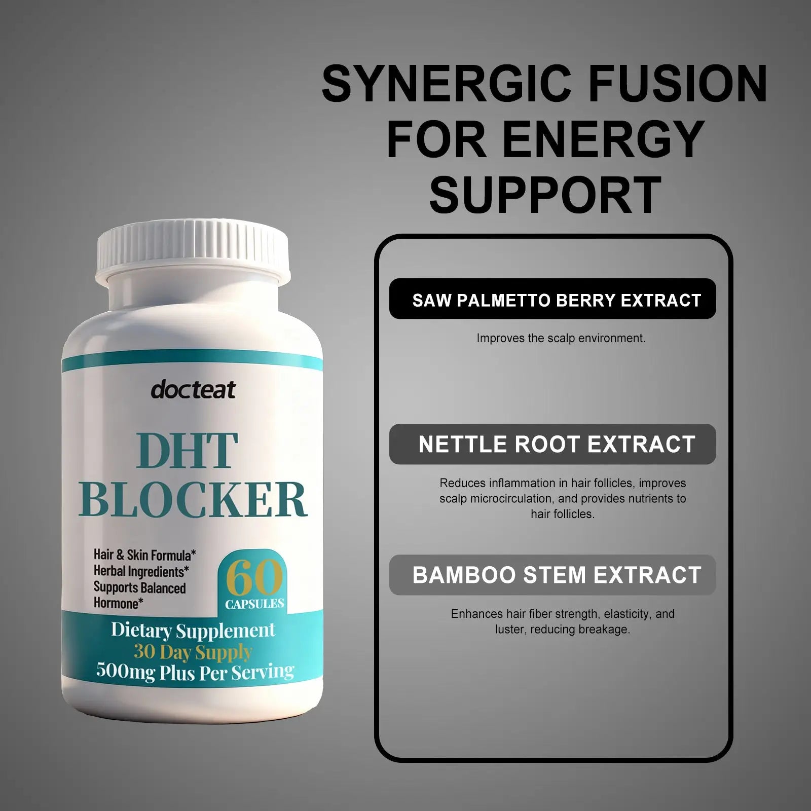White plastic bottle with teal and black labeling of docteat dht blocker hair growth capsules 30-day supply 60 softgels