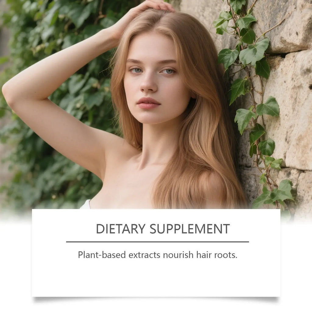 A woman with long light brown hair and blue eyes poses against ivy-covered stone wall for dht blocker hair growth capsules