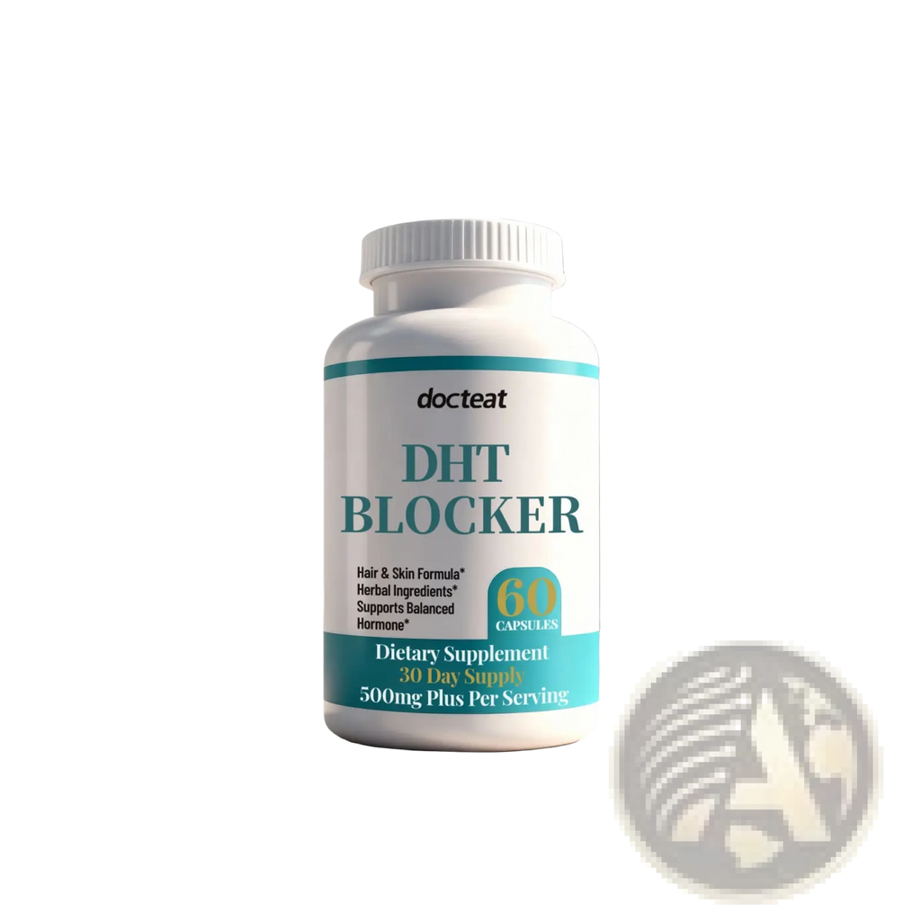 White plastic bottle with teal and black labeling of Docteat DHT blocker hair growth capsules containing 60 softgels