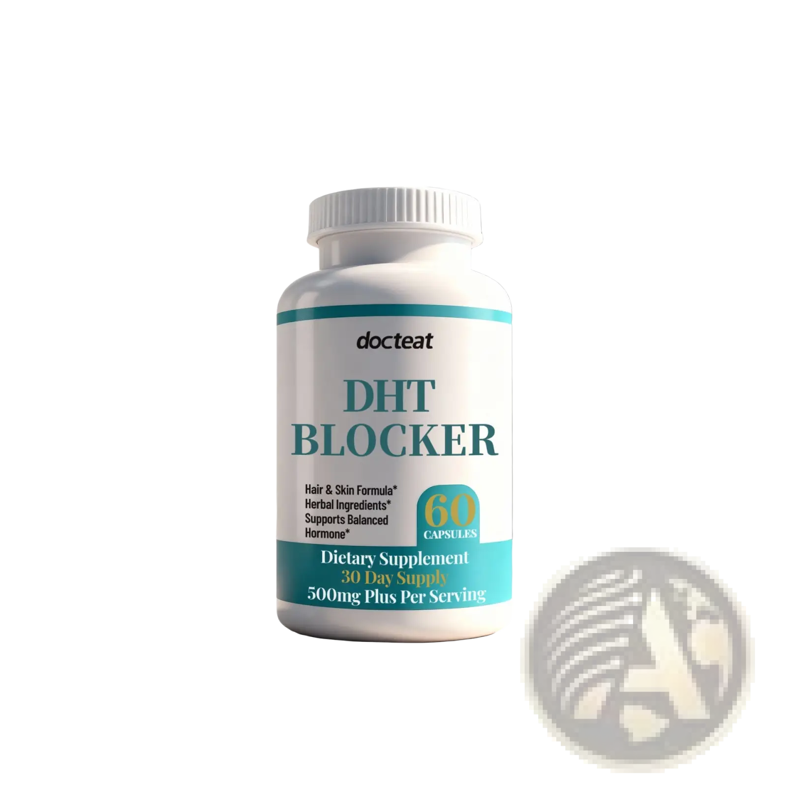White plastic bottle with teal and black labeling of Docteat DHT blocker hair growth capsules containing 60 softgels