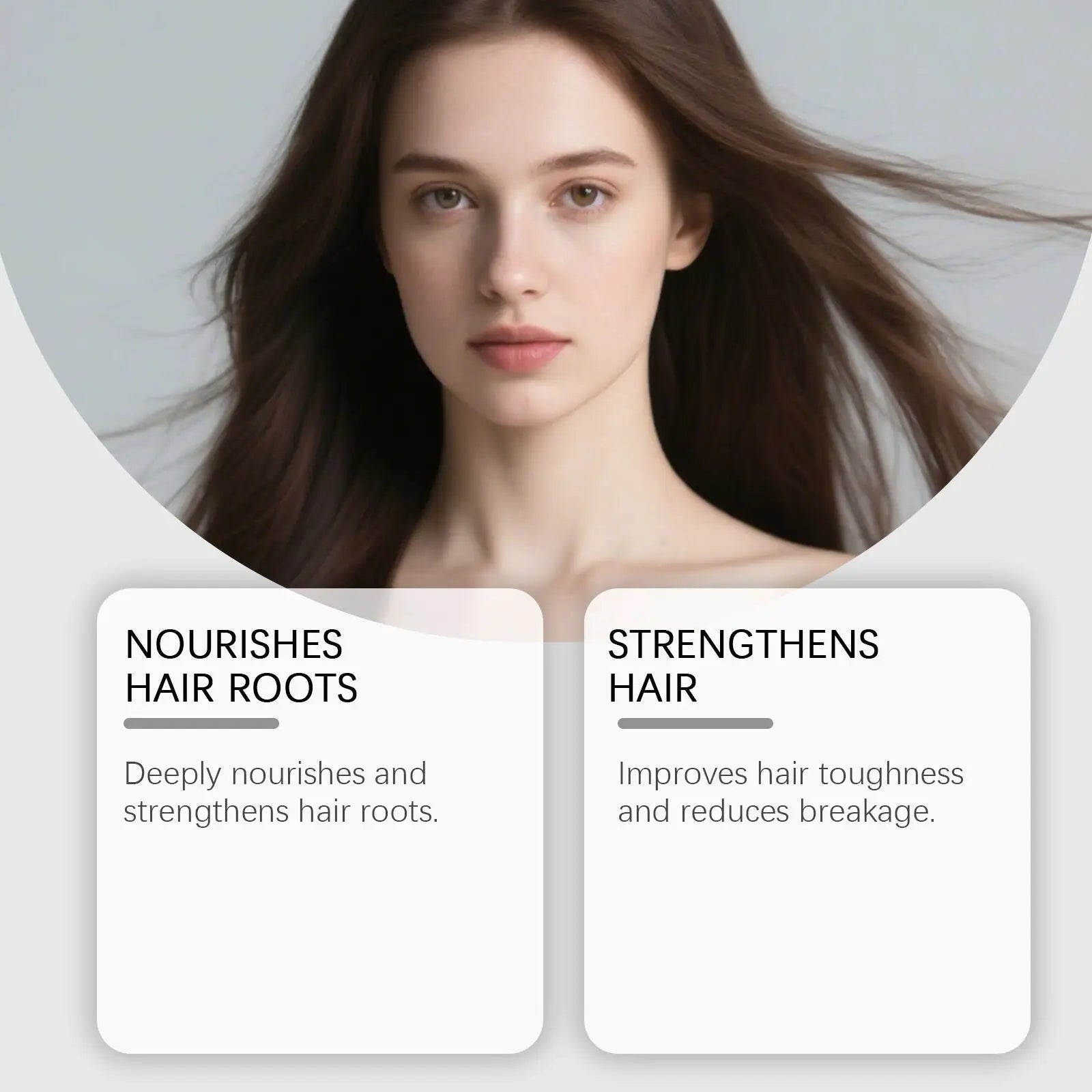 A woman with long flowing dark brown hair promoting dht blocker hair growth capsules 60 softgels for hair health