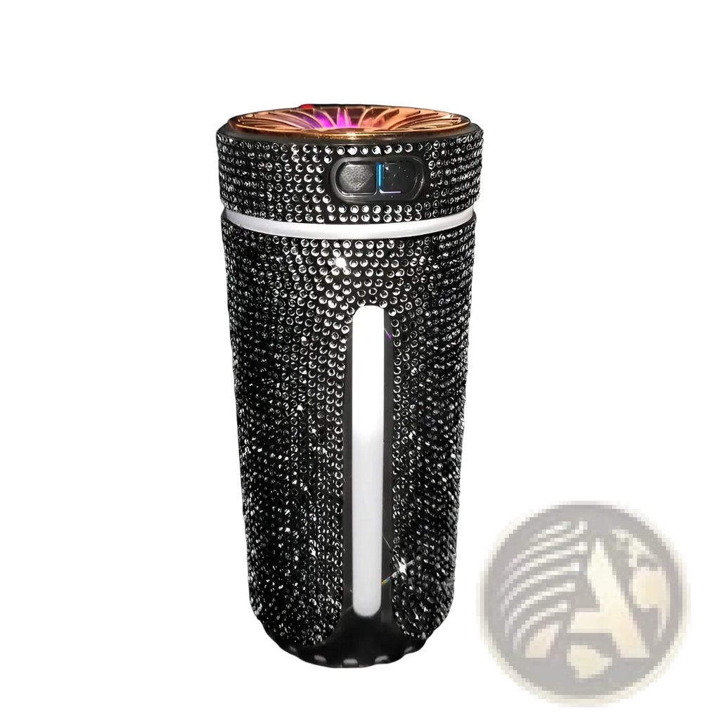 Black rhinestone-encrusted usb car air diffuser with rose gold top and glowing purple led light for humidifying