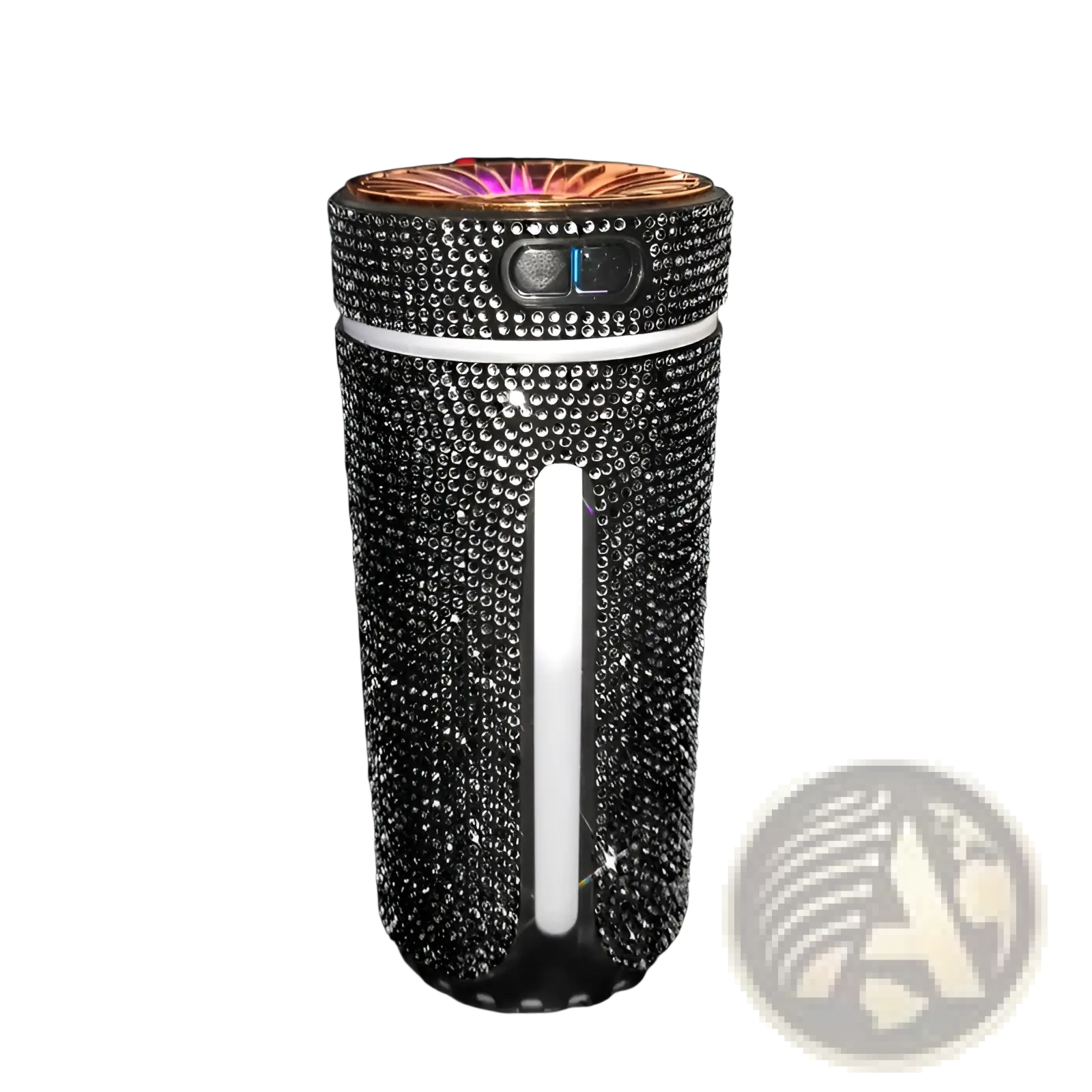 Black rhinestone-encrusted usb car air diffuser with rose gold top and glowing purple led light for humidifying