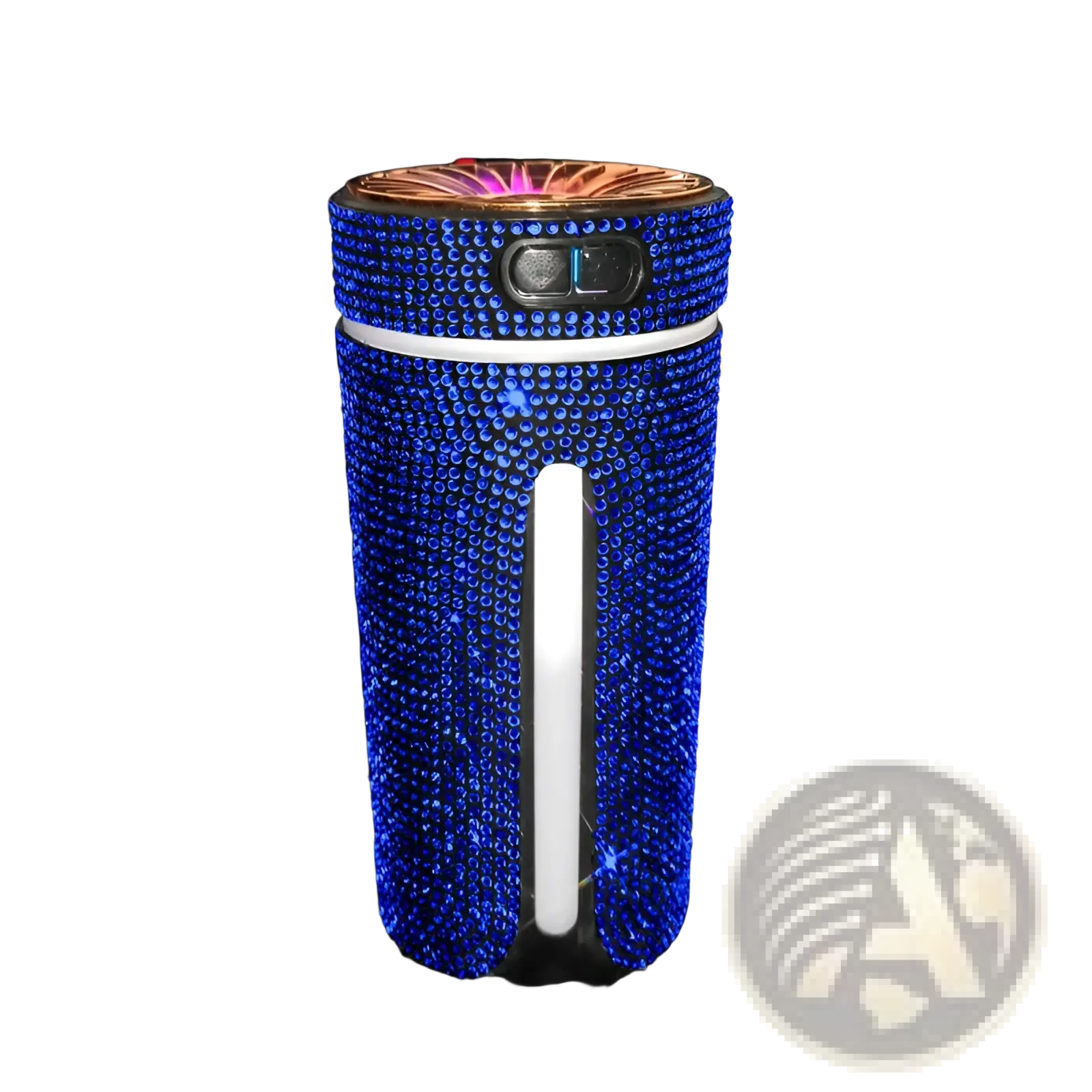 Blue rhinestone-adorned usb car air diffuser with rose gold top and white accent strip for humidifying and fragrance