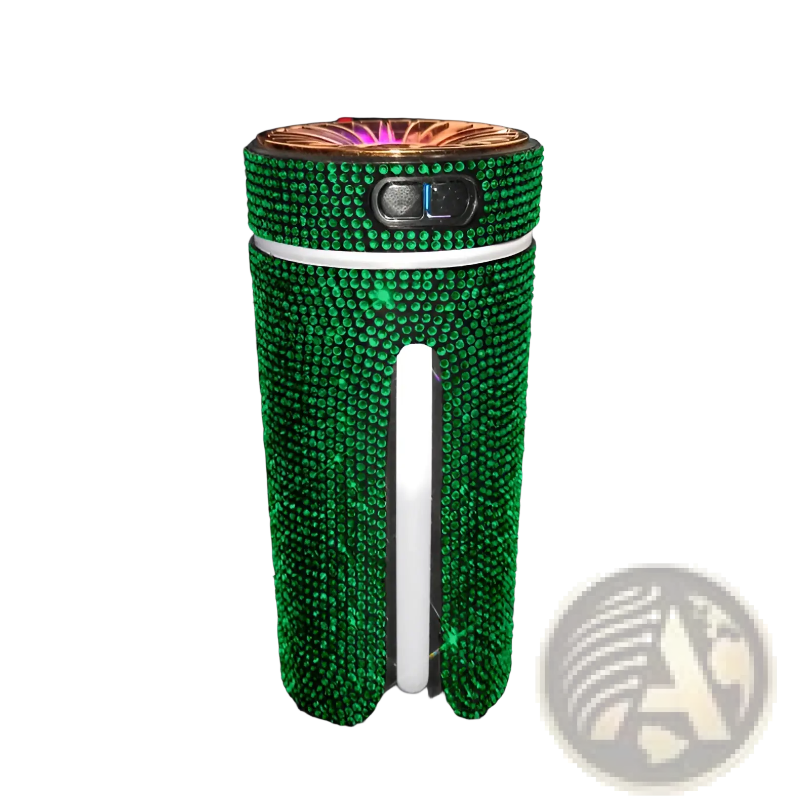 Green rhinestone-encrusted usb car air diffuser with rose gold top and white stripe for humidifying and scenting
