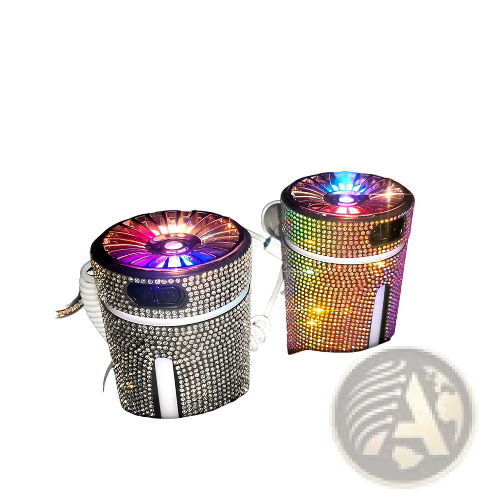 Two rhinestone-encrusted diamond car humidifiers with rainbow led lights and central misting nozzles usb air diffuser