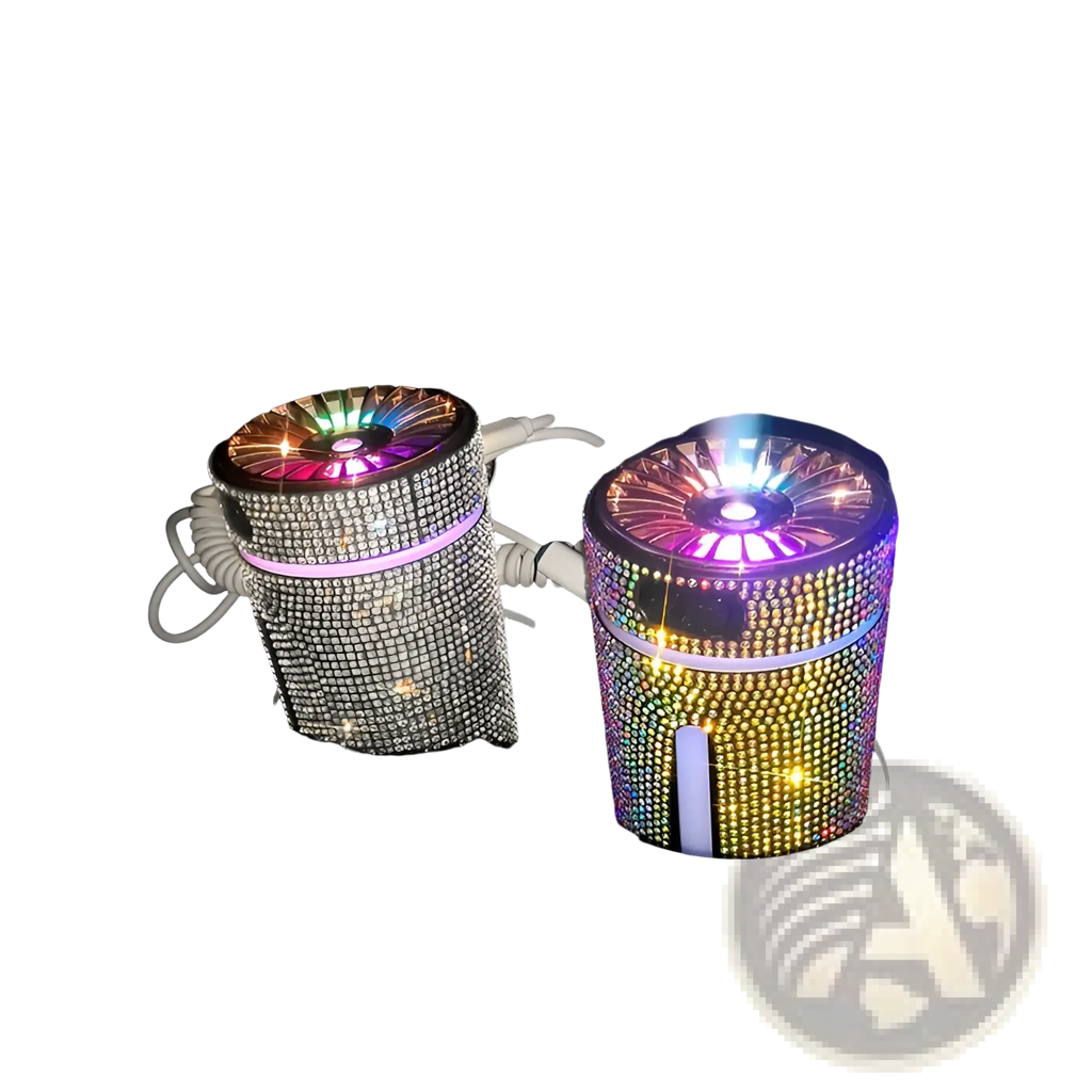 Two rhinestone-encrusted diamond car humidifiers with rainbow led lights and misting nozzles usb air diffusers