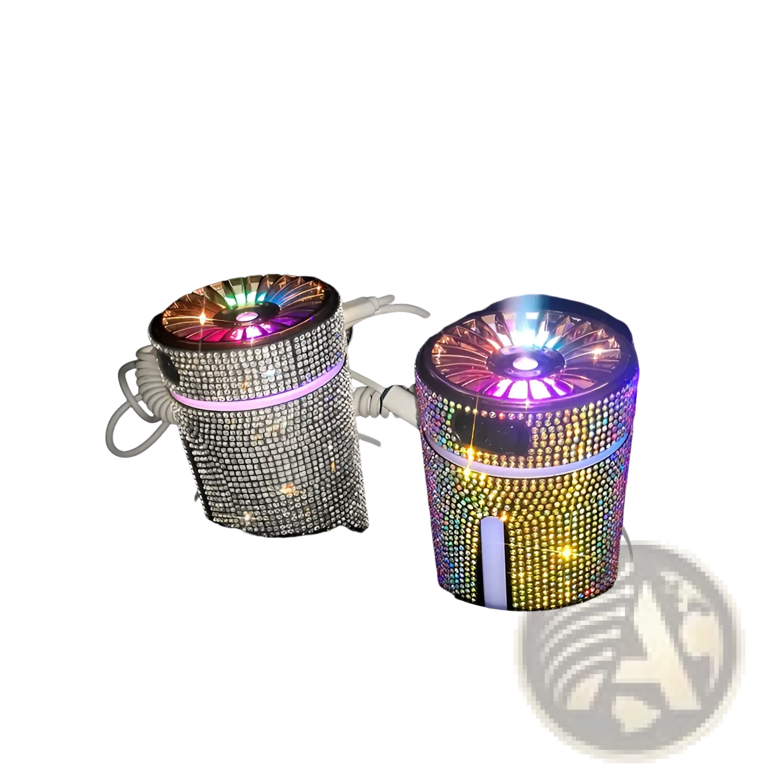 Two rhinestone-encrusted diamond car humidifiers with rainbow led lights and misting nozzles usb air diffusers
