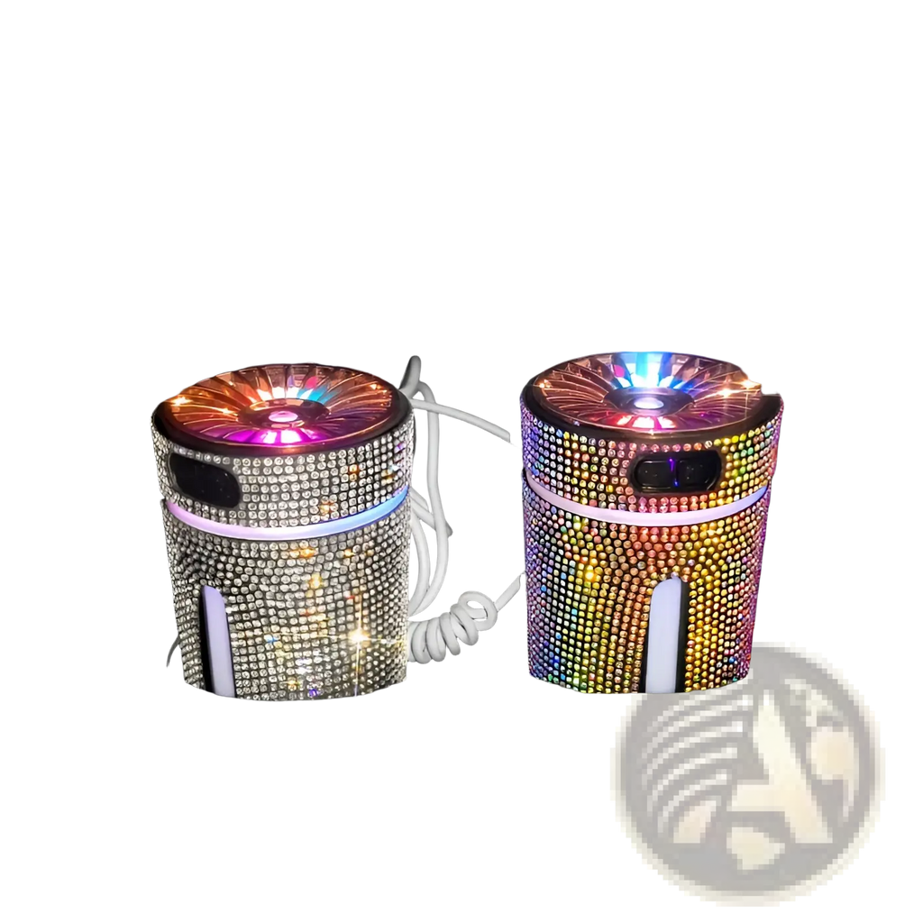 Two rhinestone-encrusted diamond car humidifier led usb air diffusers with rainbow lights and charging cords