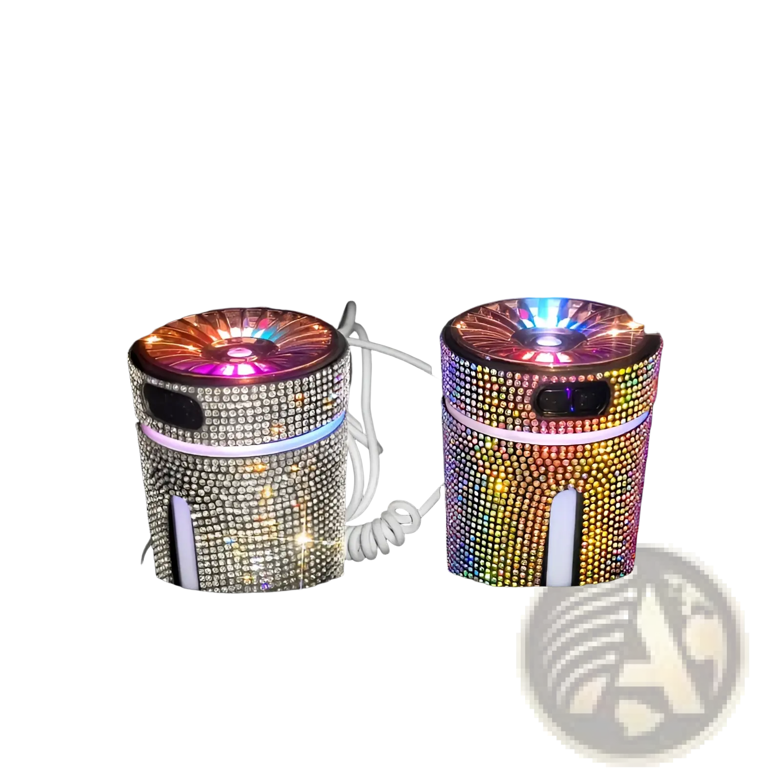 Two rhinestone-encrusted diamond car humidifier led usb air diffusers with rainbow lights and charging cords