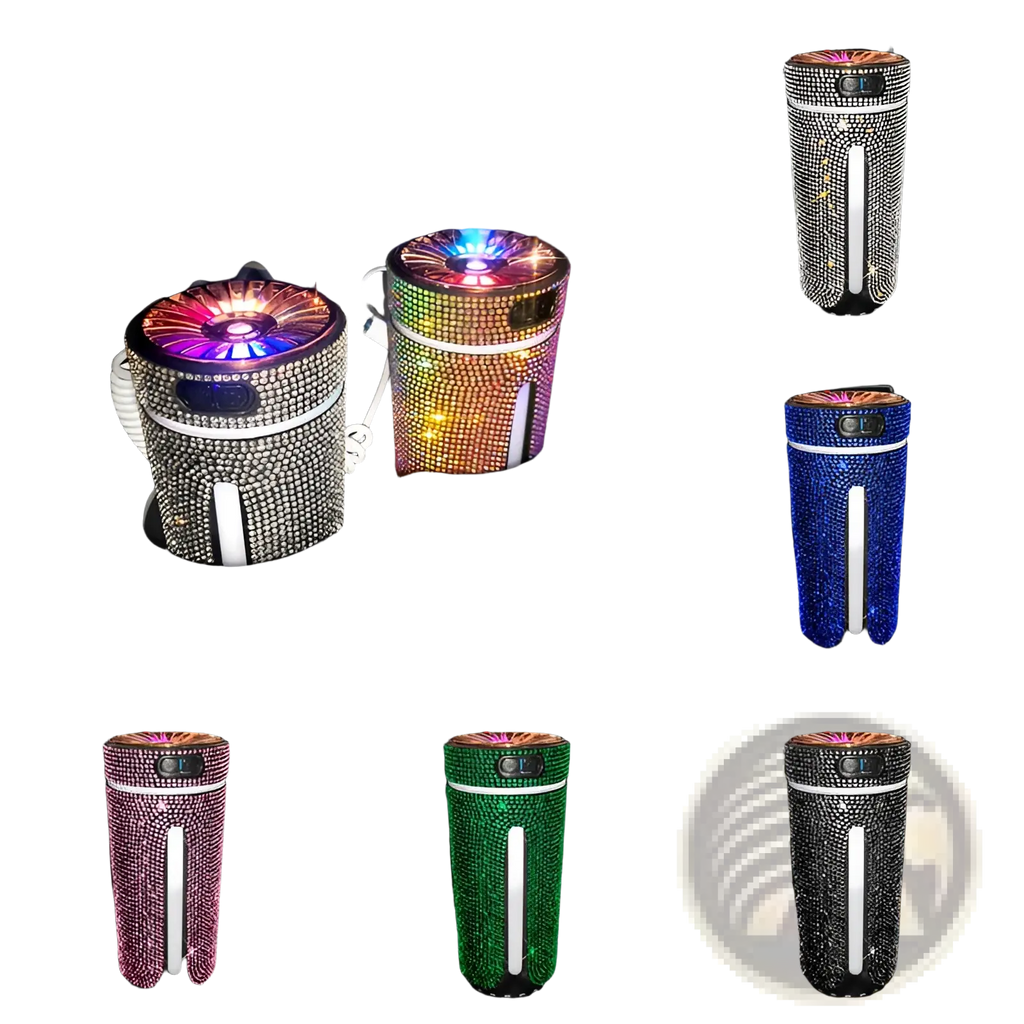 Diamond car humidifier led rhinestone usb air diffuser with sparkling rhinestones colorful led lights and vertical stripe accent