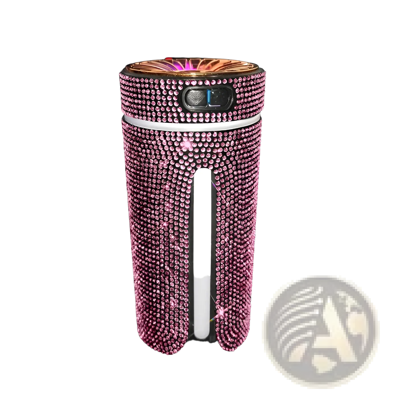 A pink crystal-encrusted diamond car humidifier led rhinestone usb air diffuser with glowing top and white accent strip