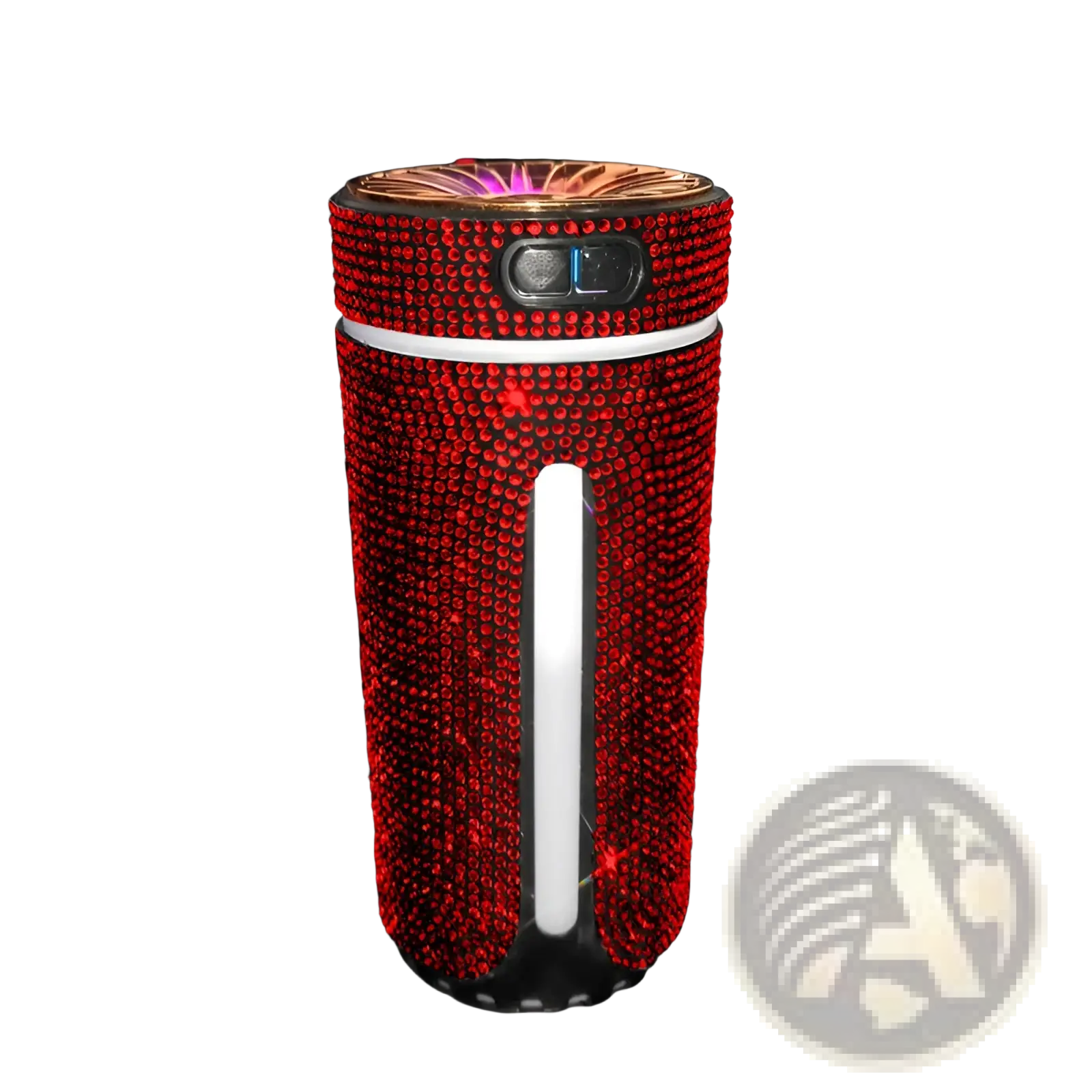 Red rhinestone-encrusted usb car air freshener with gold-toned top and white stripe for diamond humidifier diffuser