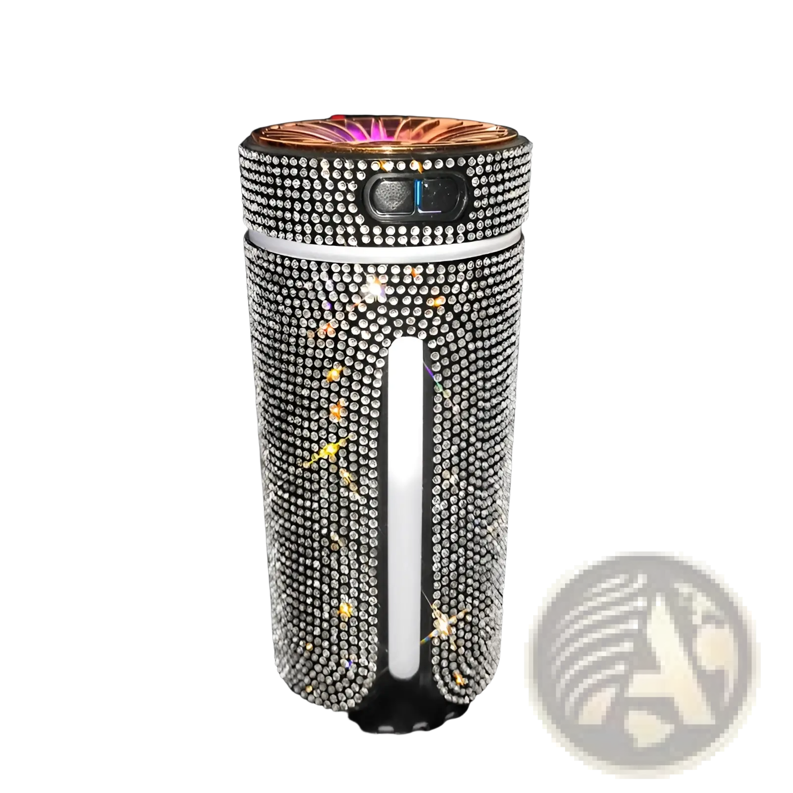 A sparkling silver rhinestone-encrusted usb car air diffuser with rose gold top black base and led illuminated panel