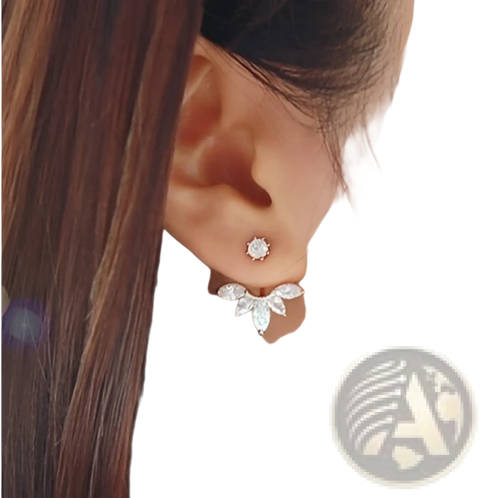Silver leaf-shaped stud earring with central diamond accent and delicate sparkling crystal detailing in floral set