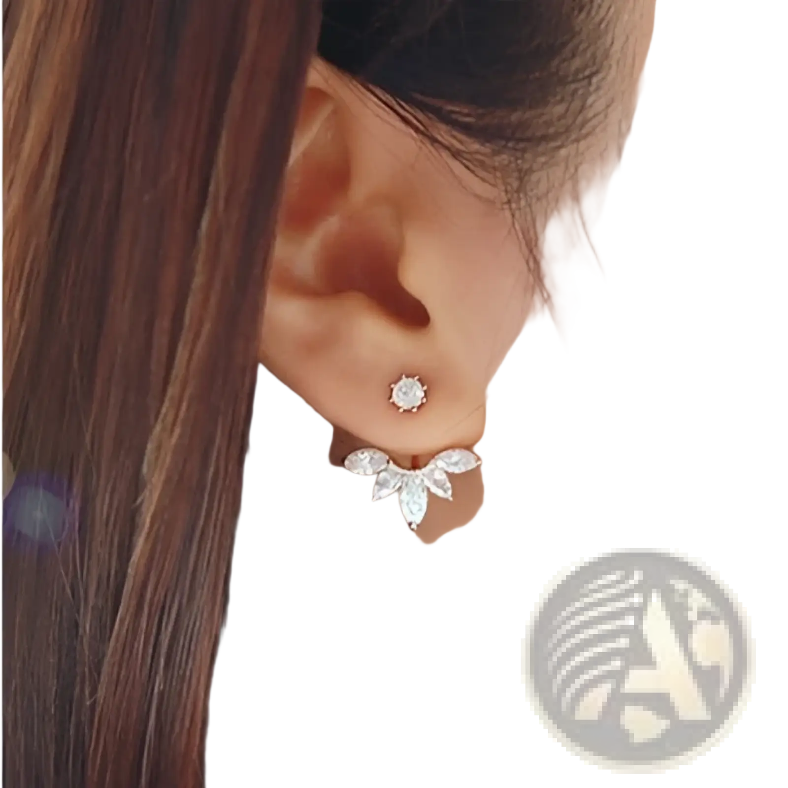 Silver leaf-shaped stud earring with central diamond accent and delicate sparkling crystal detailing in floral set