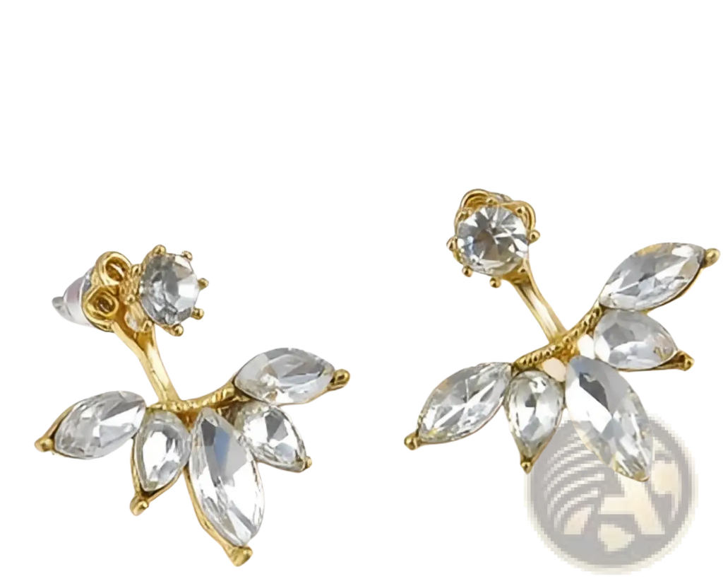 Gold-toned butterfly stud earrings with clear faceted crystals from the diamond and crystal floral jewelry set
