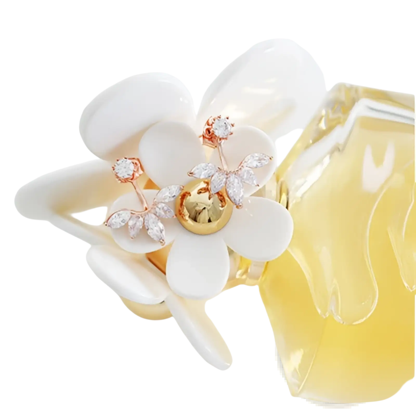 A delicate white ceramic flower-shaped perfume bottle cap with rose gold and sparkling crystal embellishments from the diamond and crystal floral jewelry and accessory set