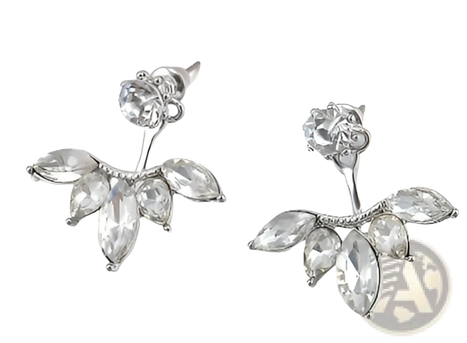 Silver stud earrings with a delicate floral design featuring clear crystal leaves and a central gemstone in a diamond and crystal floral jewelry set