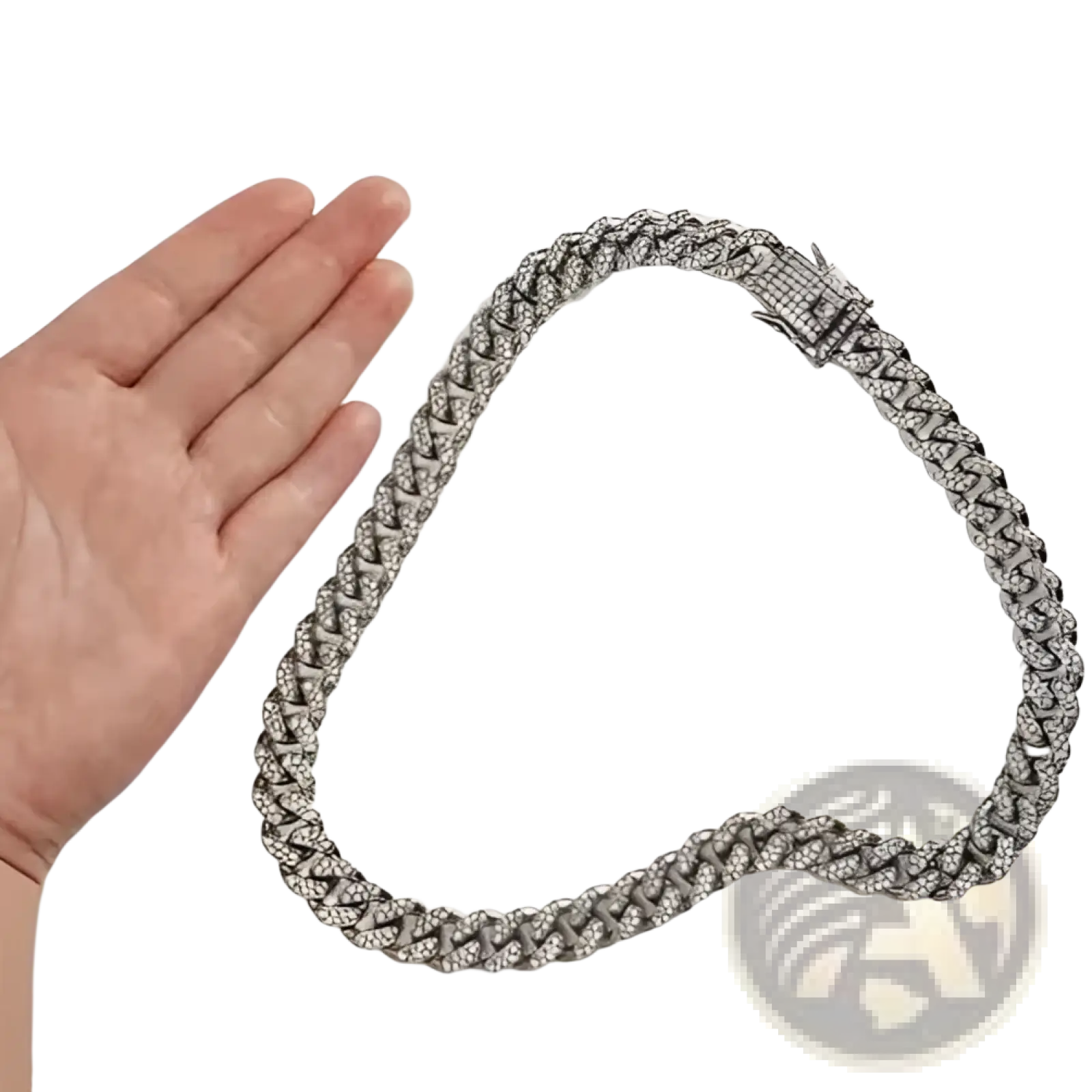 Silver-toned heavily embellished diamond cuban link dog collar with matching clasp and rhinestone alloy design