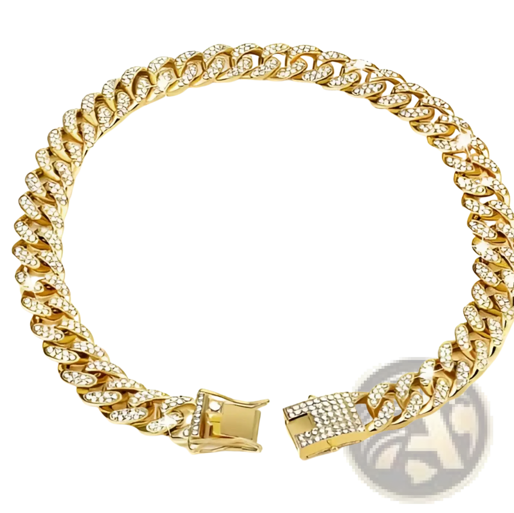 Gold-colored diamond cuban link dog collar with clear rhinestone embellishments made of alloy for pets