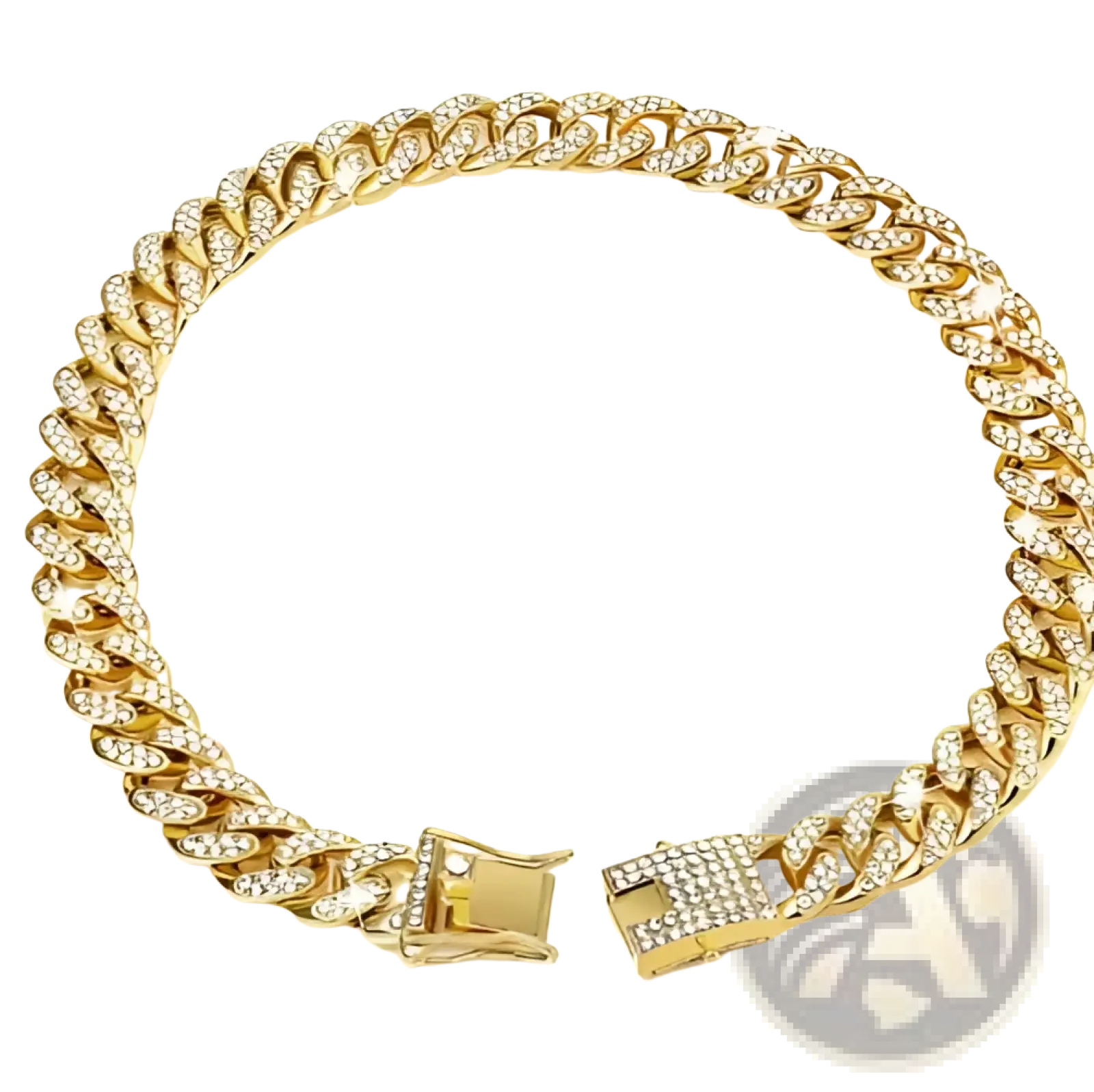 Gold-colored diamond cuban link dog collar with clear rhinestone embellishments made of alloy for pets