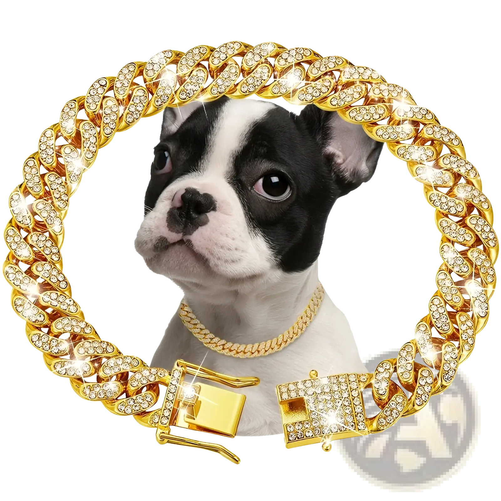 Diamond Cuban link dog collar necklace featuring a sparkling gold chain adorned with clear crystals and gold clasp