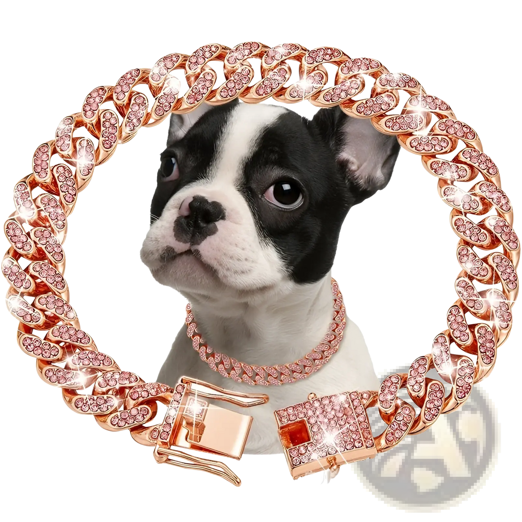 Rose gold diamond-encrusted diamond Cuban link dog collar necklace with matching buckle and red gemstone accent