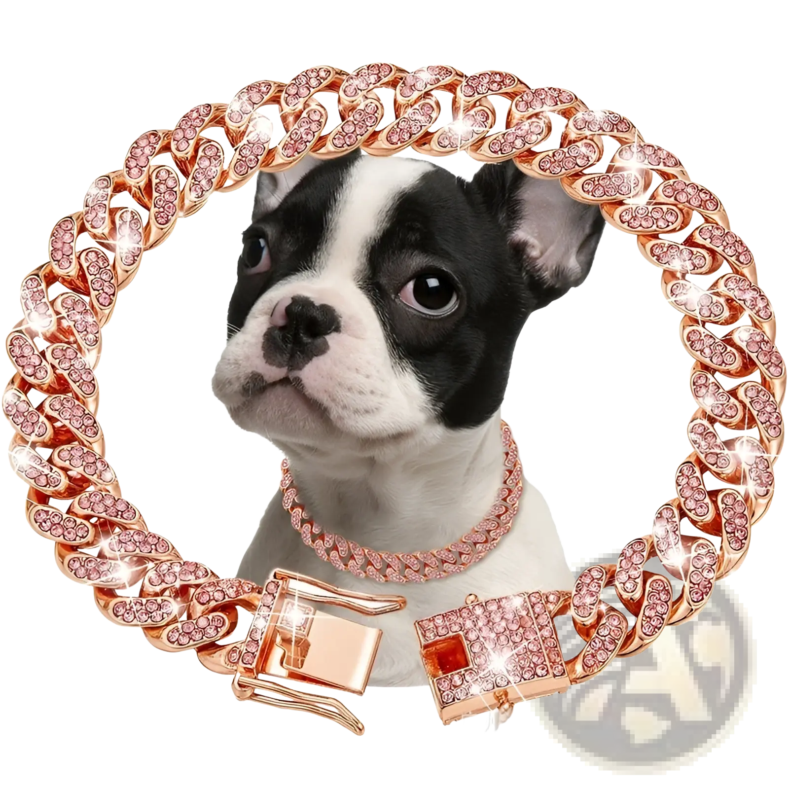 Rose gold diamond-encrusted diamond Cuban link dog collar necklace with matching buckle and red gemstone accent