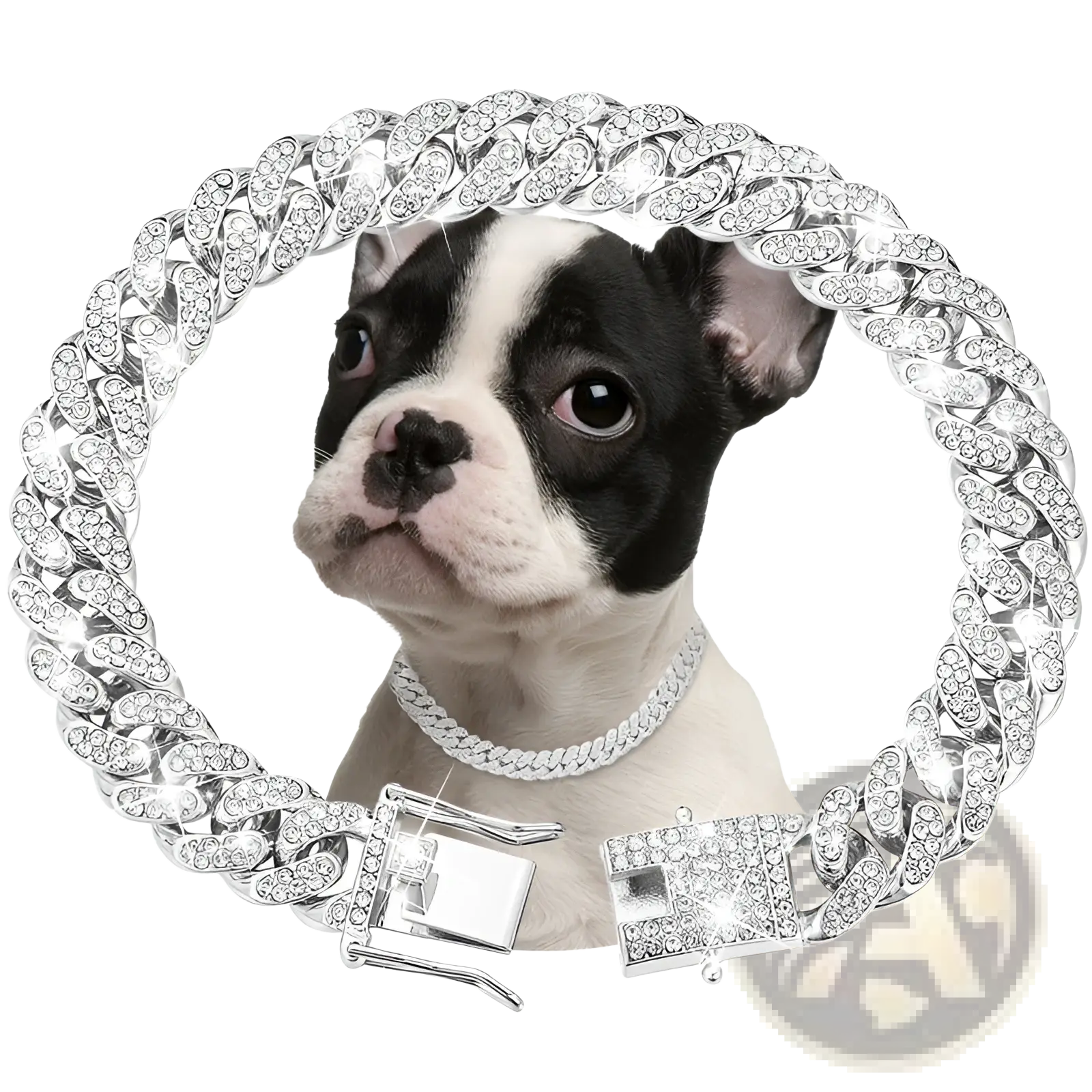 Diamond Cuban link dog collar necklace with sparkling silver chain and clear crystal-encrusted buckle and clasp