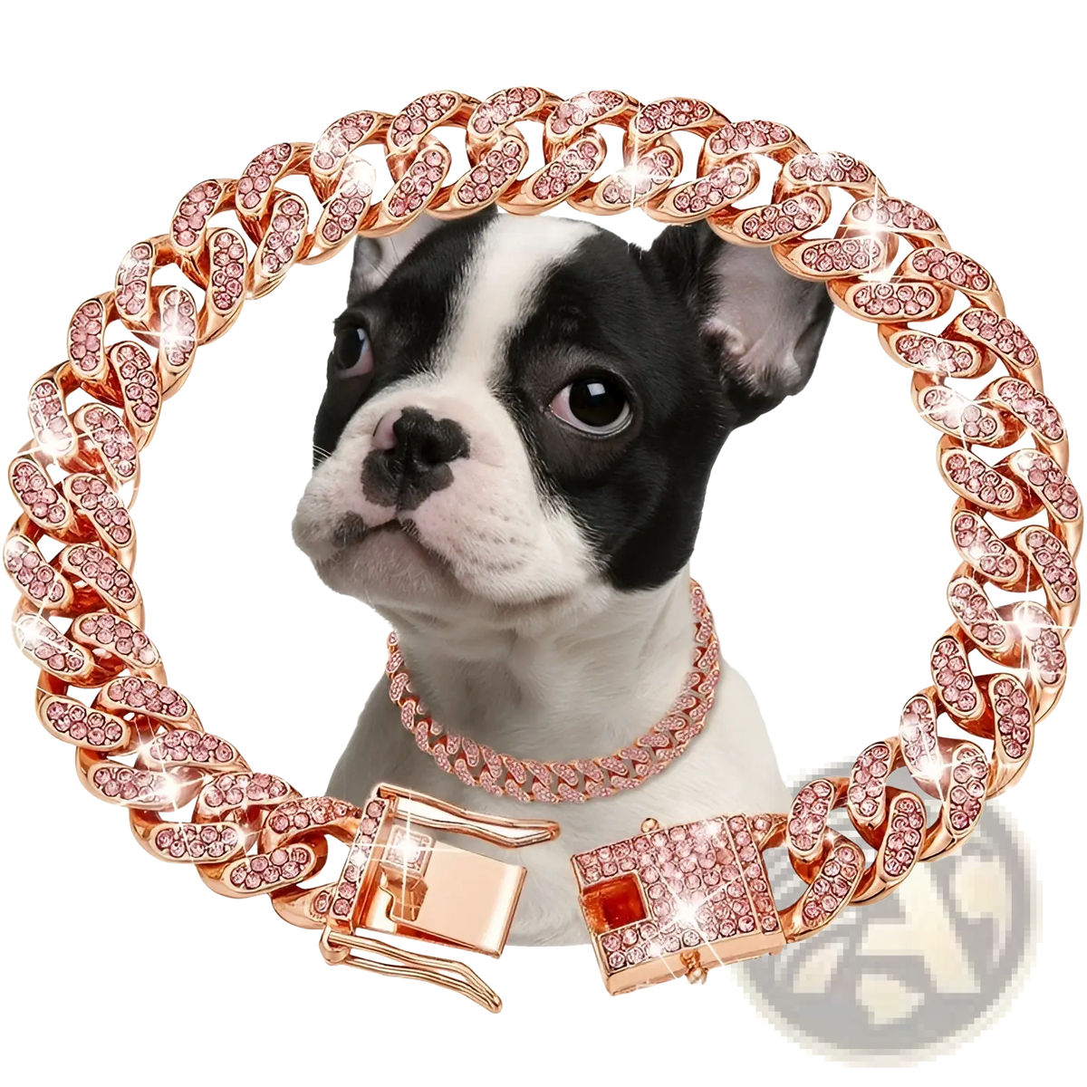 Diamond Cuban link dog collar necklace in rose gold with diamond encrusting, matching buckle, and red gemstone accent