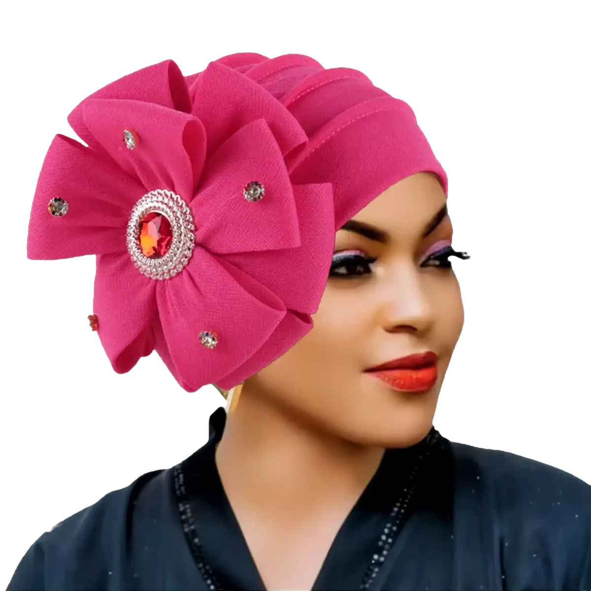 Vibrant fuchsia diamond flower turban cap for women with a large floral embellishment and orange gemstone centerpiece