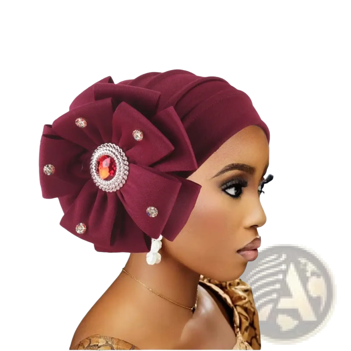 Maroon velvet diamond flower turban cap for women with large floral embellishment featuring orange gemstone and silver crystals