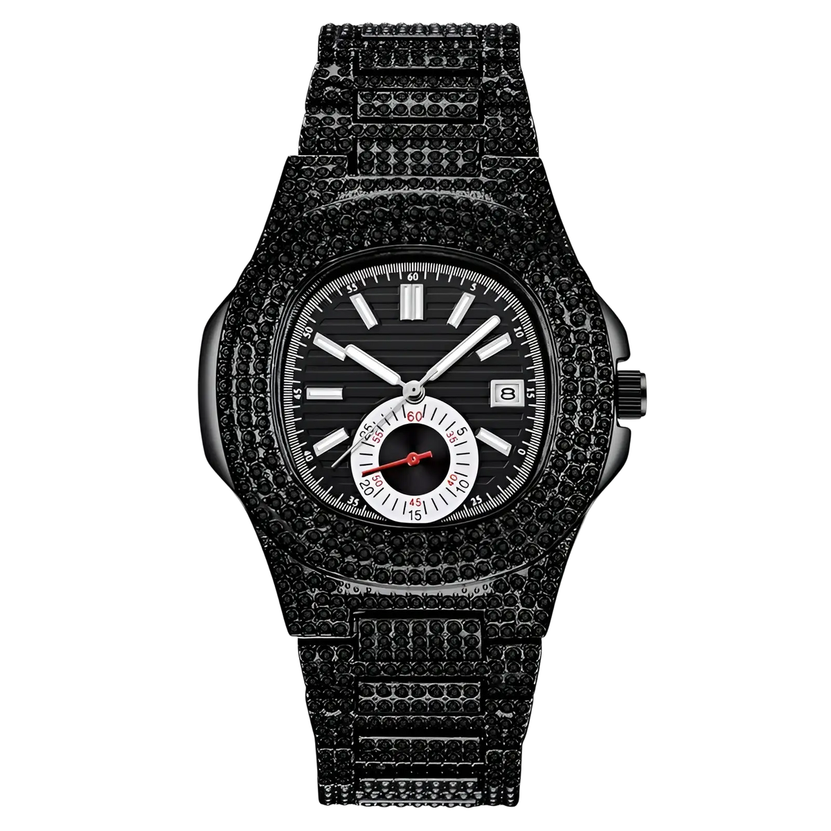 Diamond hip hop quartz watch for men with black dial, diamond-studded stainless steel band and case, and red accents