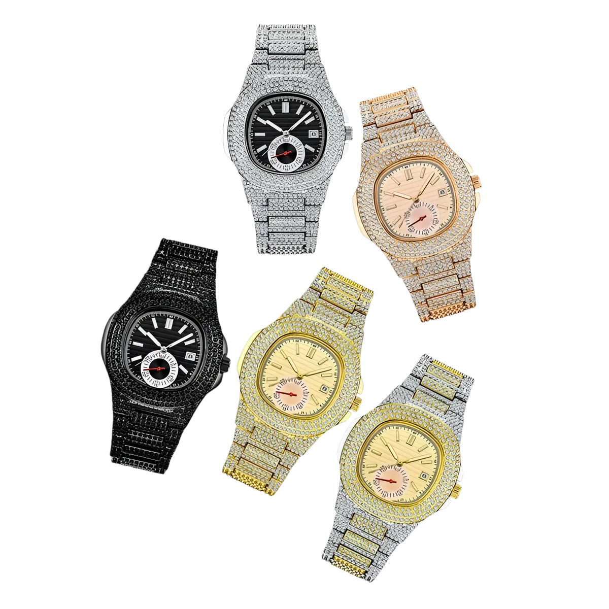 Five luxury diamond hip hop quartz watches for men with stainless steel bands and black or gold-tone dials